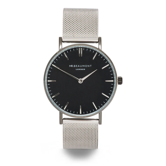 Personalized Men's Metallic Silver Watch With Black Face