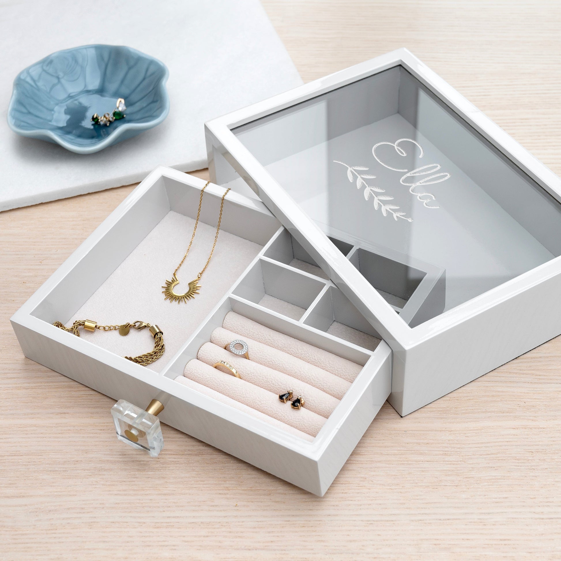 Ladies Personalized Jewelry Box with Glass Lid & Velvet Drawer