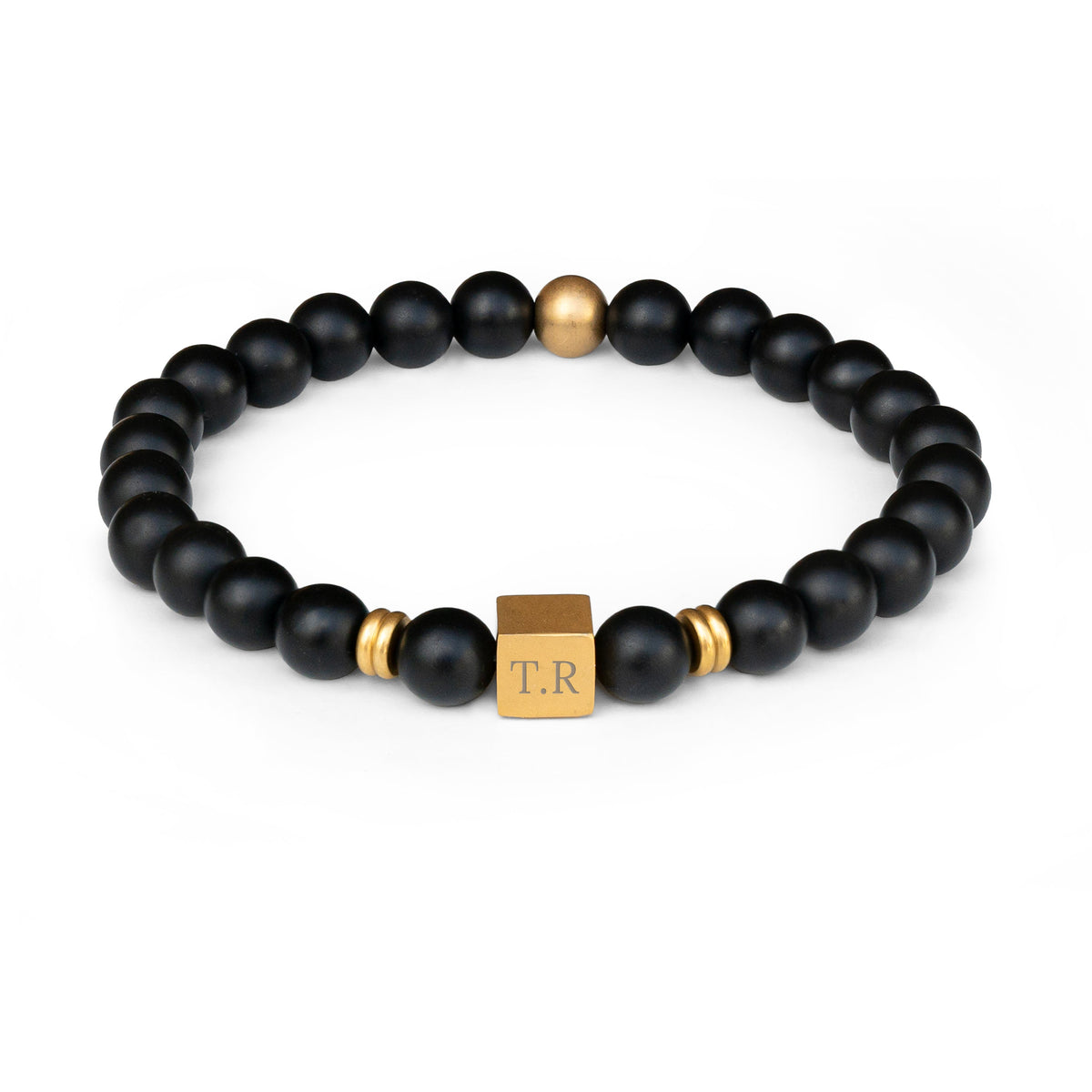 Personalized Onyx Bead Bracelet with Engraved Gold Cube engraved with initials