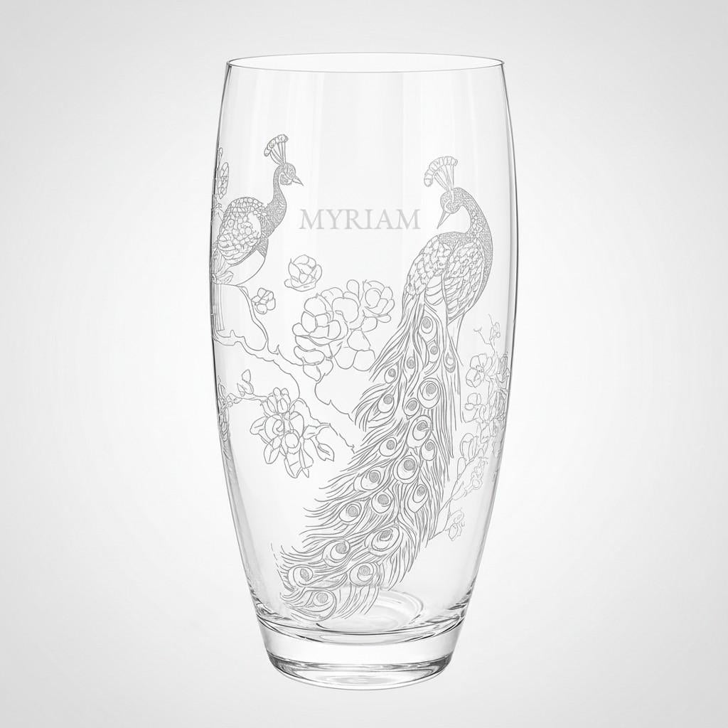 Personalized Peacock Crystal Glass Barrel Vase