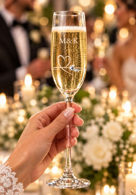 Personalized Swarovski® Crystal Champagne Flute-Hand-finished custom champagne glass with sparkling prosecco during a wedding toast
