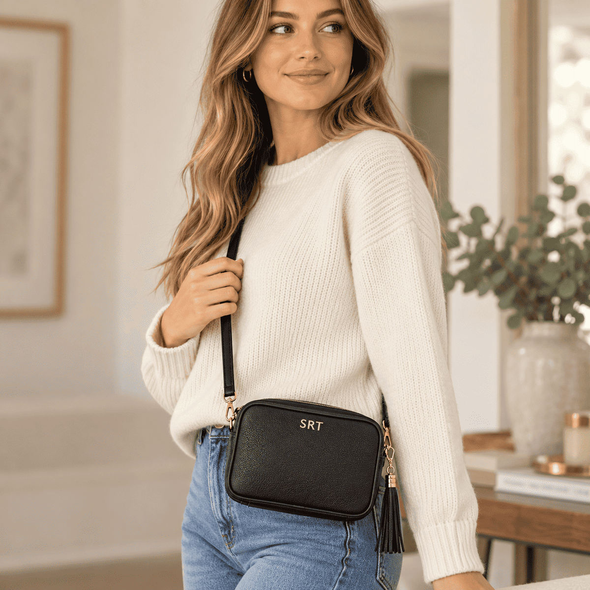 Personalized black leather crossbody purse