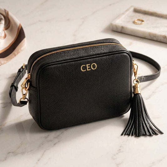 Personalized black leather crossbody purse