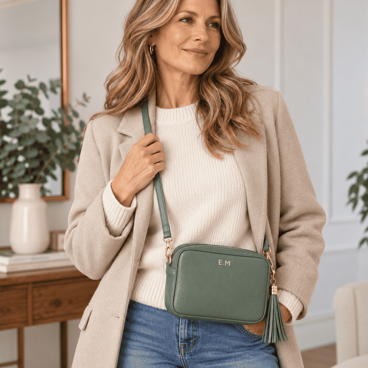 Personalized mint-green leather crossbody purse