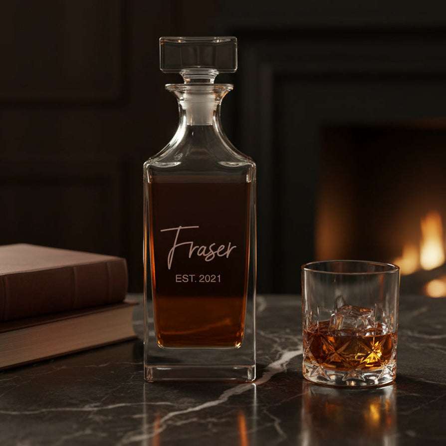 Clear glass decanter with name-and- EST. 2021'