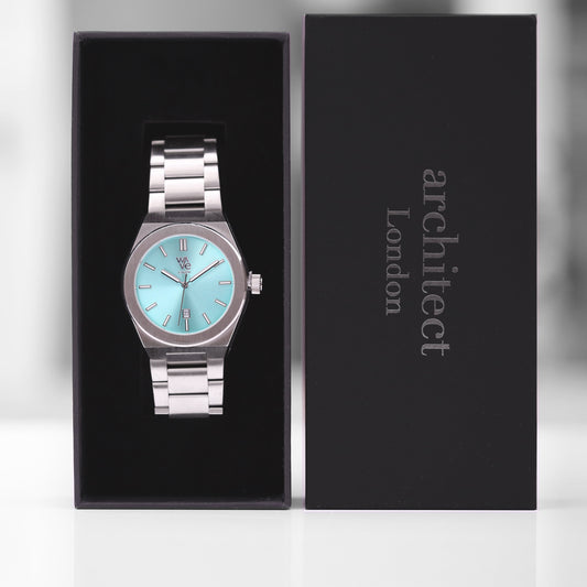 Wave Engraved Watch in Ocean Blue - Modern Font Engraving