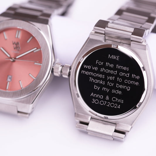 Wave Engraved Watch in Peach Breeze - Modern Font Engraving