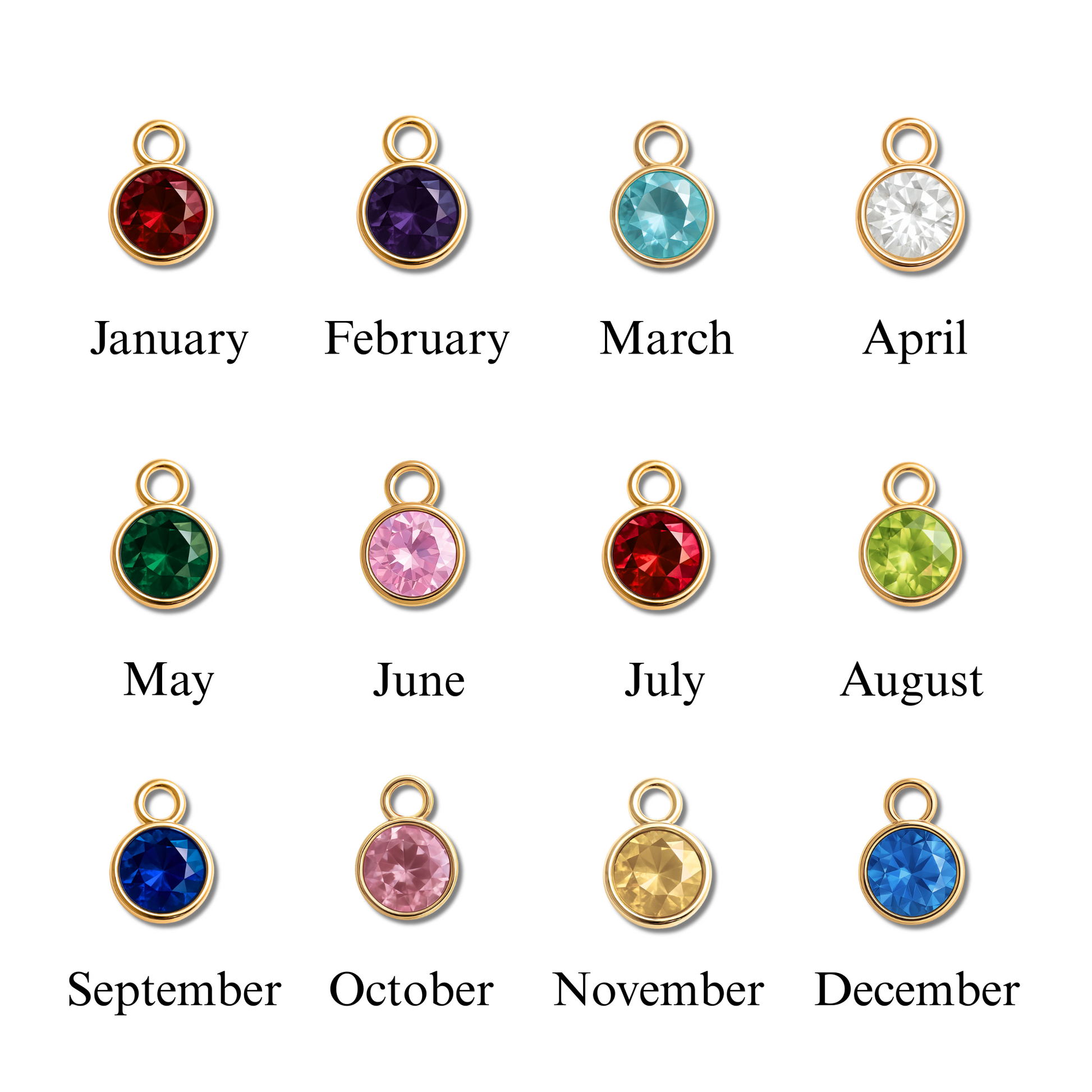 Pendants with gemstones for each month of the year on a white background