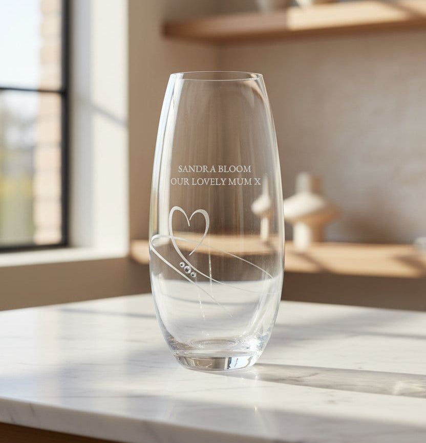 Amora Heart Barrel Vase | Personalized Swarovski Crystal Glass  Glass Vase Deeply Engraved