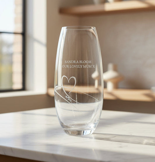 Amora Heart Barrel Vase | Personalized Swarovski Crystal Glass  Glass Vase Deeply Engraved