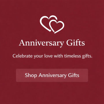 Red background with white text and hearts, promoting anniversary gifts.