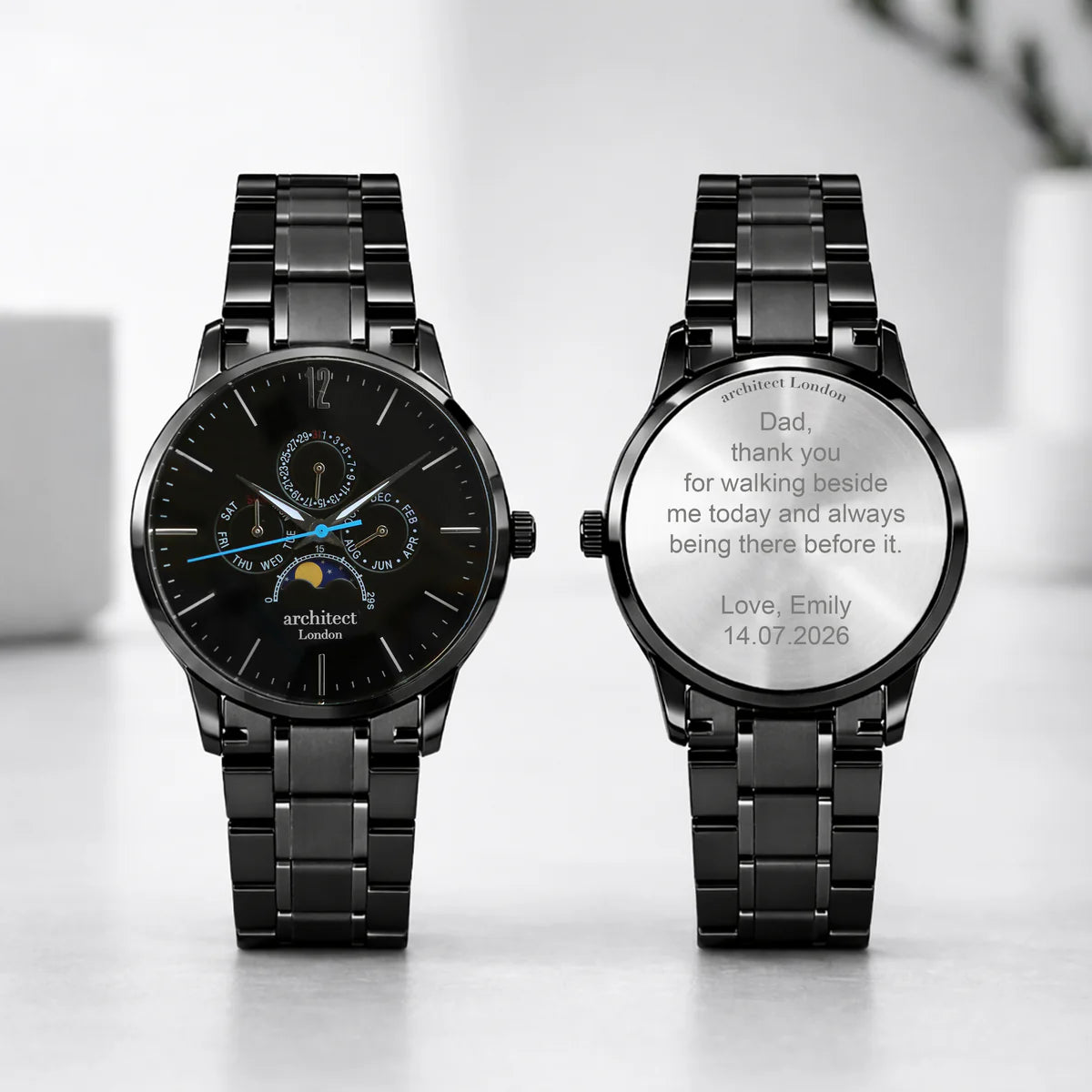Mens-Personalized Moonphase Watch | Black 316L Stainless Steel