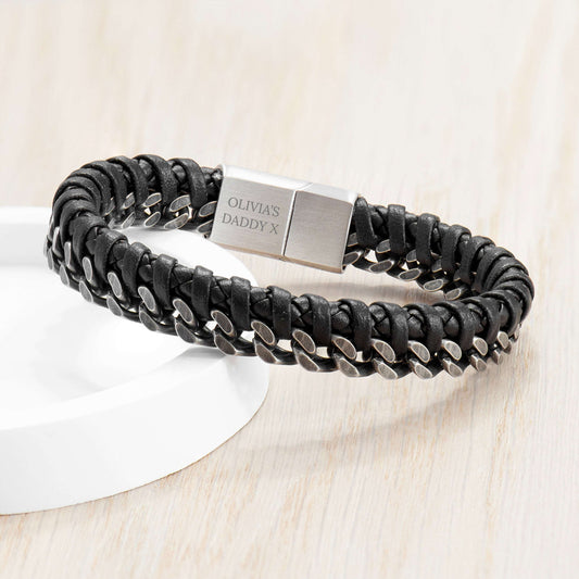 Black braided leather bracelet with a silver clasp -personalized-engraved-bracelet-for-men