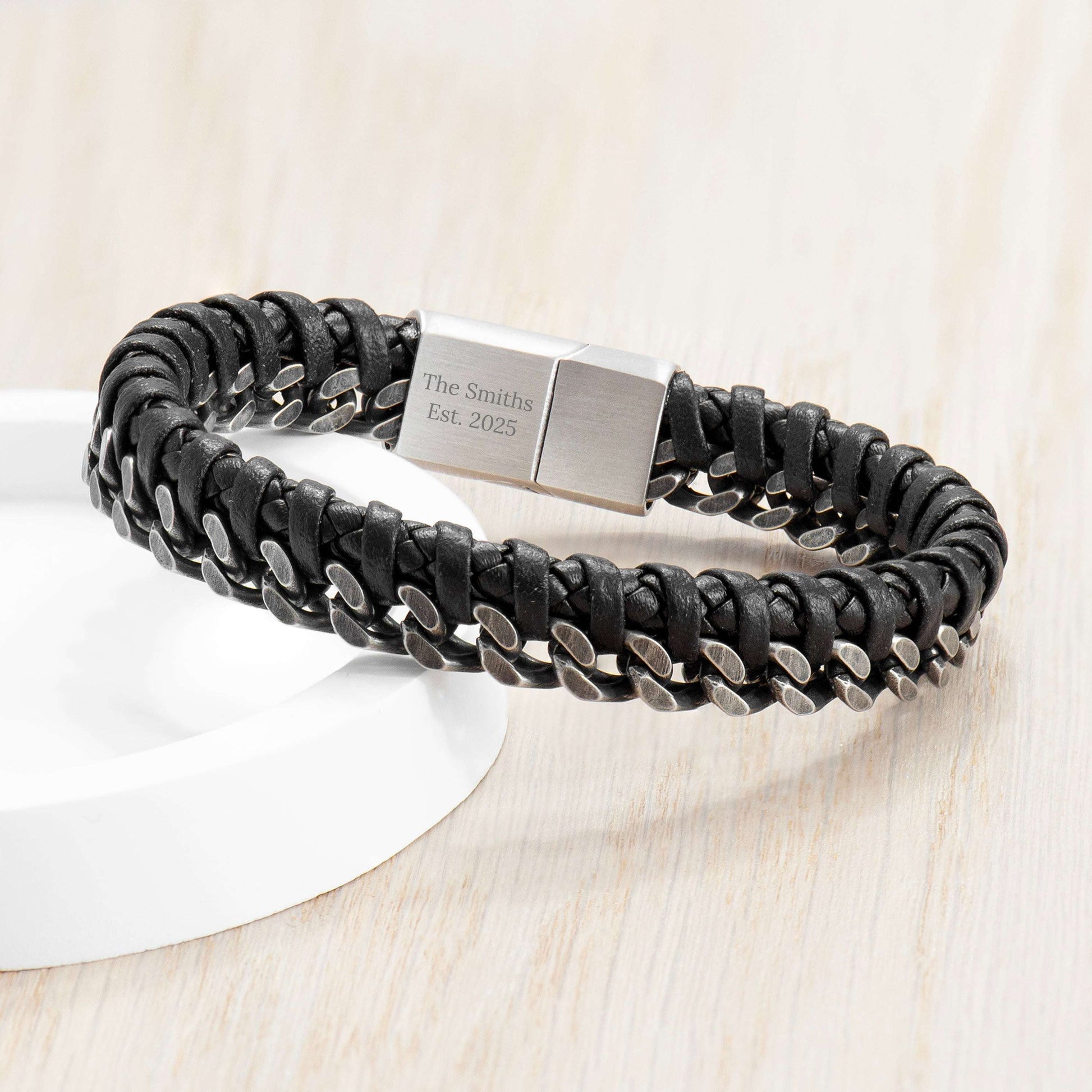 Men's Personalized Leather & Chain Bracelet | Custom Engraved