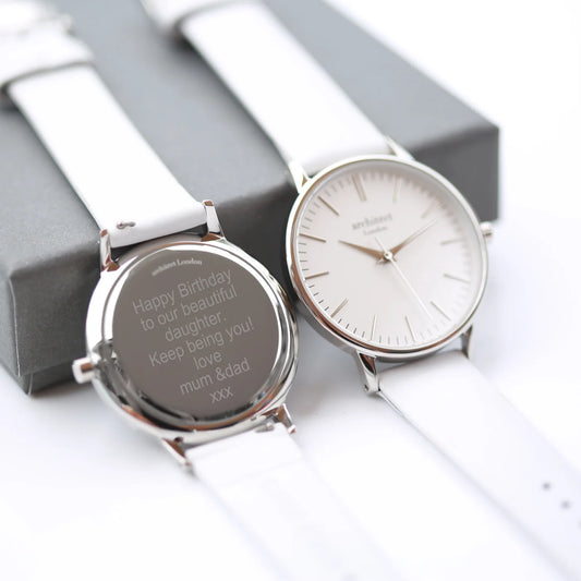 Ladies Minimalist Engraved Watch -  Silver Bezel + White Strap