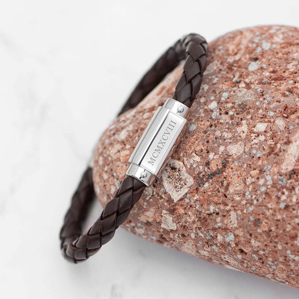 Personalized Men's Roman Numeral Leather Capsule Bracelet-brown