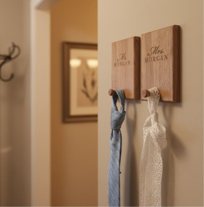Wooden hook set with 'custom-names'