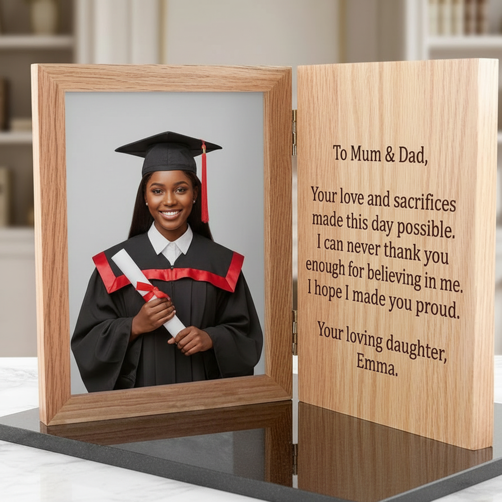 Wooden graduation photo frame with a photo of a graduate and a message to parents.