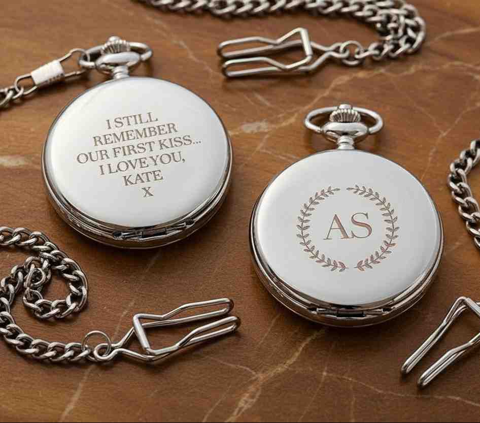 Two pocket watches with engraved messages on a wooden surface