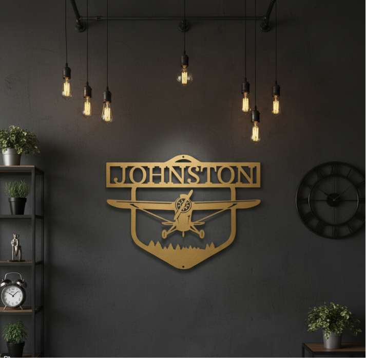Decorative wall art with custom-name and airplane design