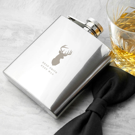 Stag 6oz Hip Flask - Personalised engraved stainless steel 6oz hip flask for groomsmen and bachelor party gift, polished metal finish with custom name engraving option