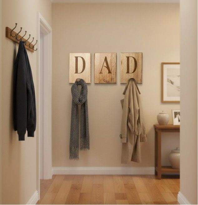 Wall with wooden 'DAD' sign, coat hooks, and hanging coats and scarf.