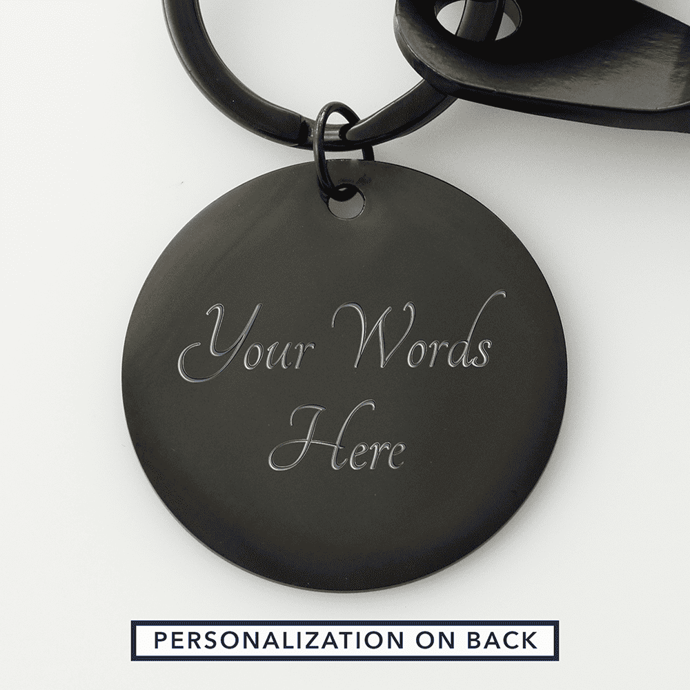 Black round keychain with 'Your Words Here' text on a white background