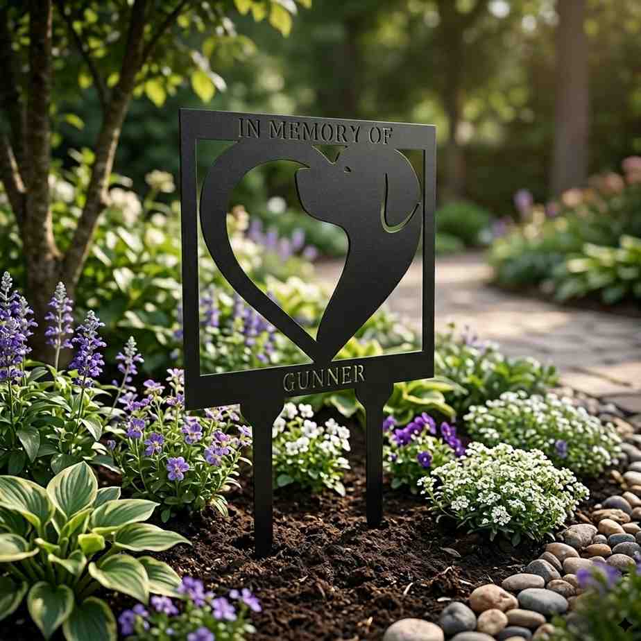 Dog-Memorial garden stake with 'In Memory of Gunner' in a garden setting.