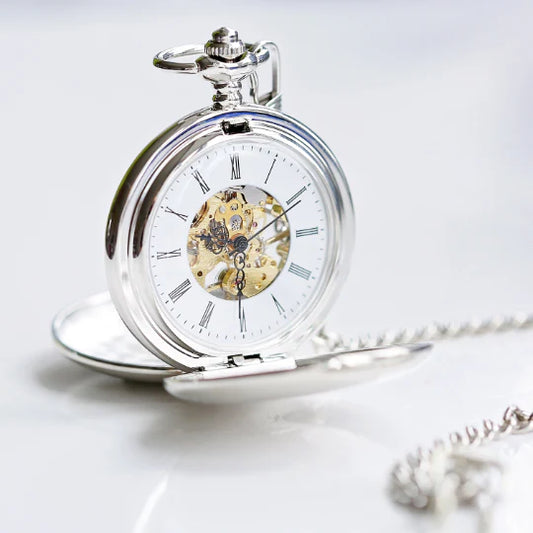 Dual Opening Skeleton Pocket Watch - Handwriting Engraved