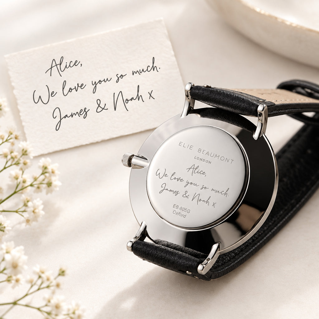 Personalized Handwriting Engaved Ladies Leather Watch in Black