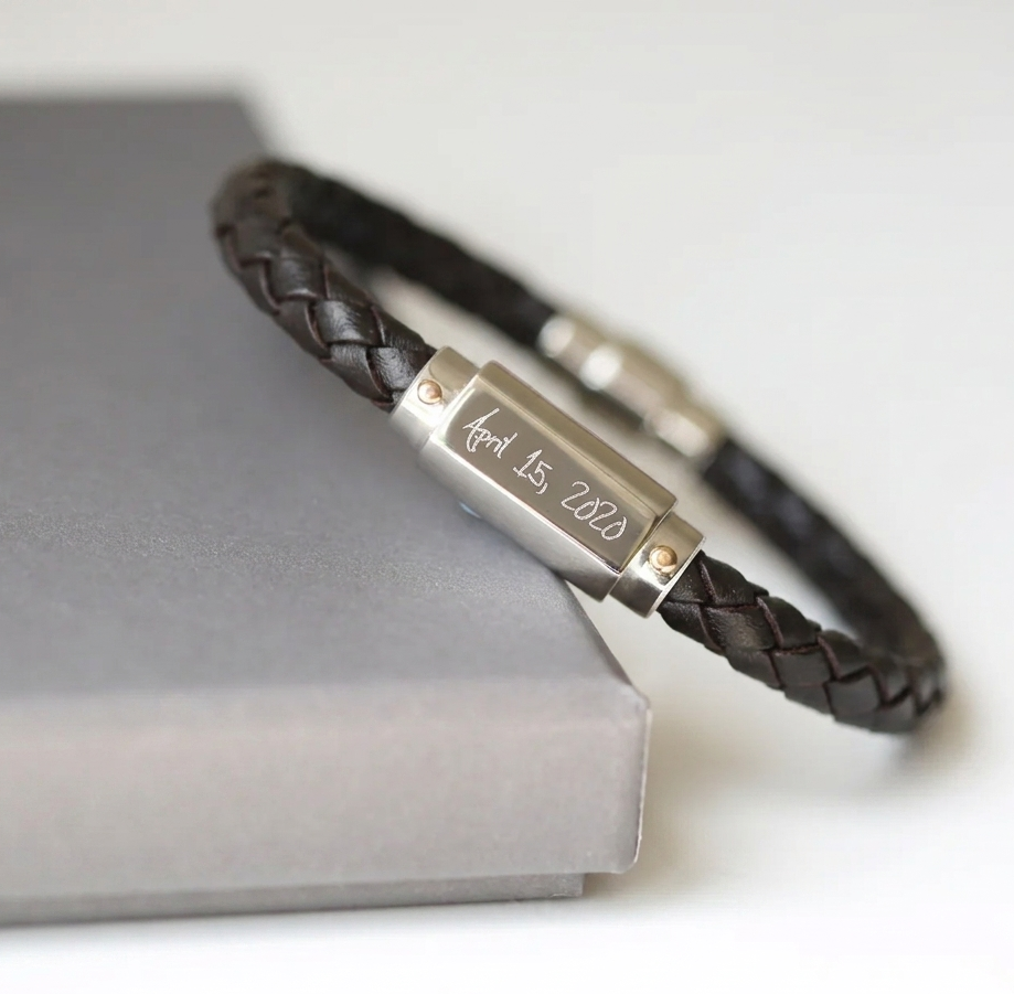 Black Handwriting Engraved Twisted Leather Bracelet