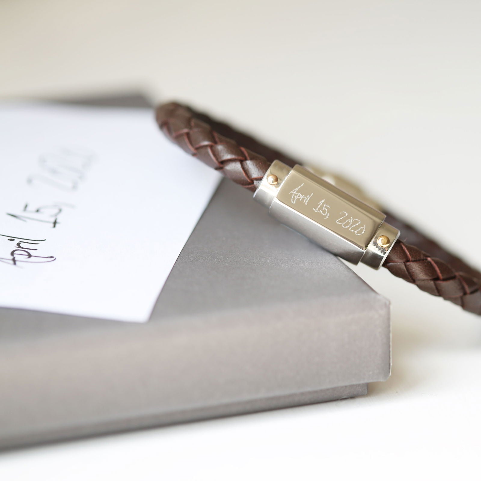 Eloft – Handwriting Engraved Twisted Leather Bracelet  Men's Bracelets Deeply Engraved