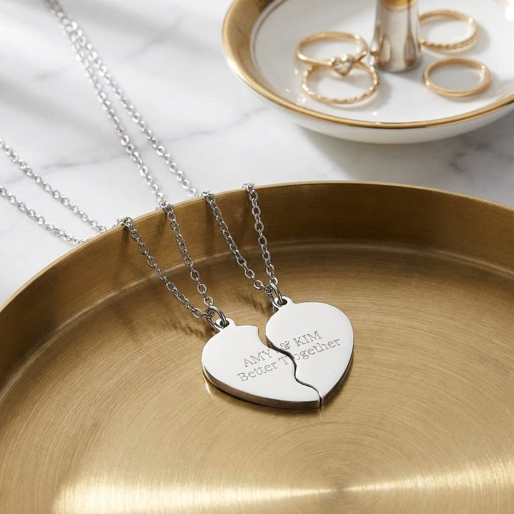 Engravable Split Heart Necklace Set — Personalized Best Friend / Couples Pendant  Necklaces Deeply Engraved