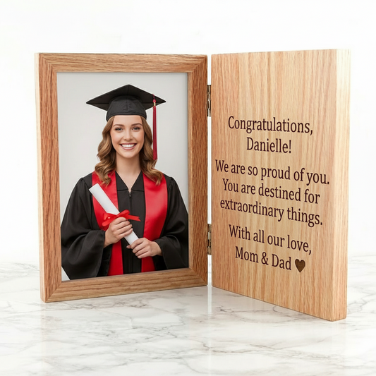 Wooden photo frame with a graduation-themed custom-engraved-message inside