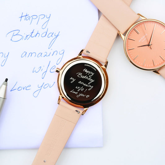 Handwriting Engraved Ladies Watch – Coral Dial Pink Strap  Ladies' Watches Deeply Engraved