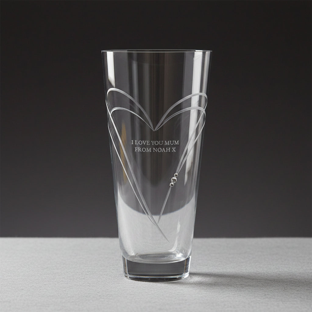 Infinity Heart Tapered Glass Vase With Swarovski Crystals  Glass Vase Deeply Engraved