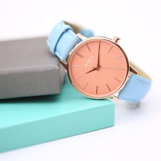 Ladies Coral Face Watch - Light Blue Leather Strap - Handwriting Engraved  Ladies' Watches Deeply Engraved