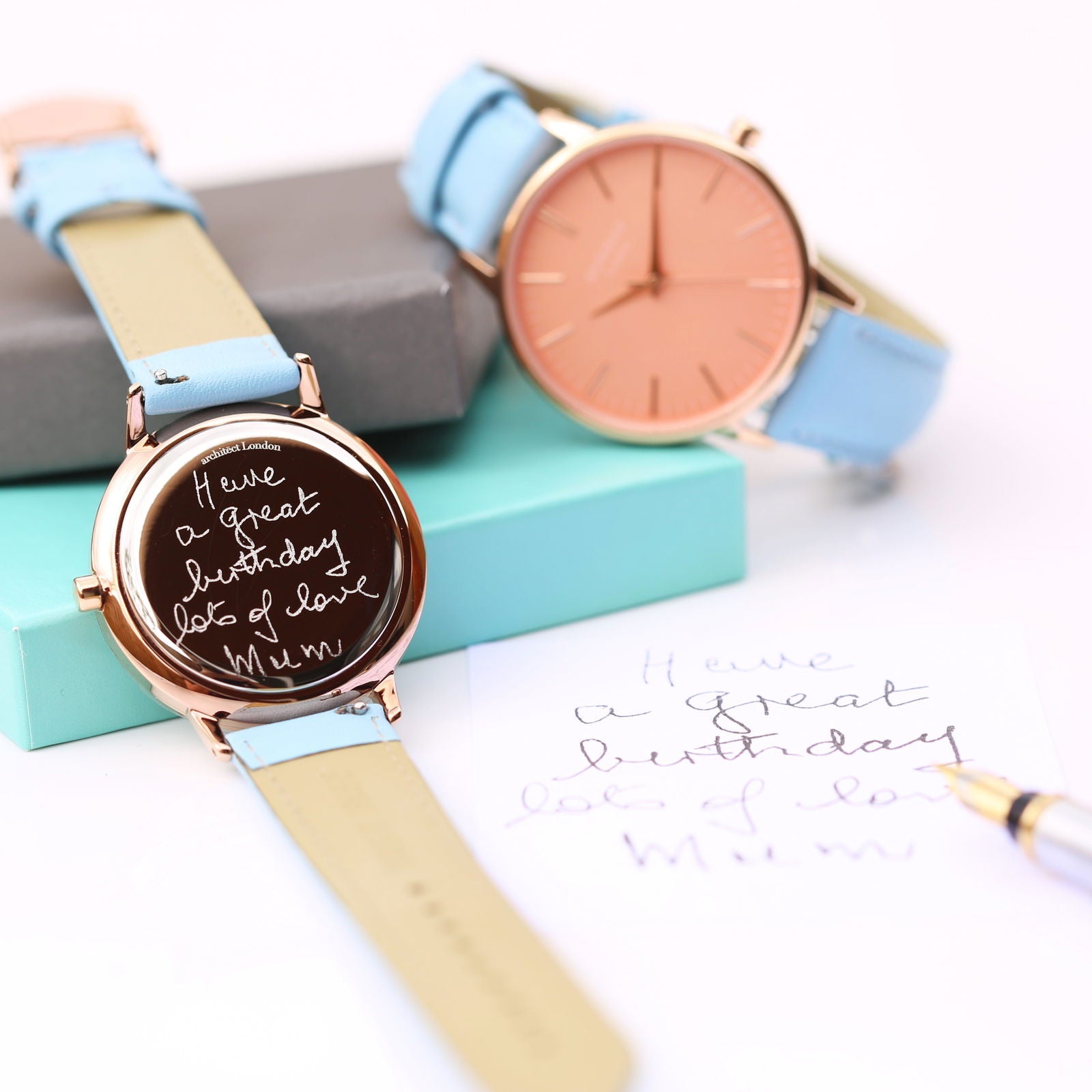 Ladies Coral Face Watch - Light Blue Leather Strap - Handwriting Engraved  Ladies' Watches Deeply Engraved