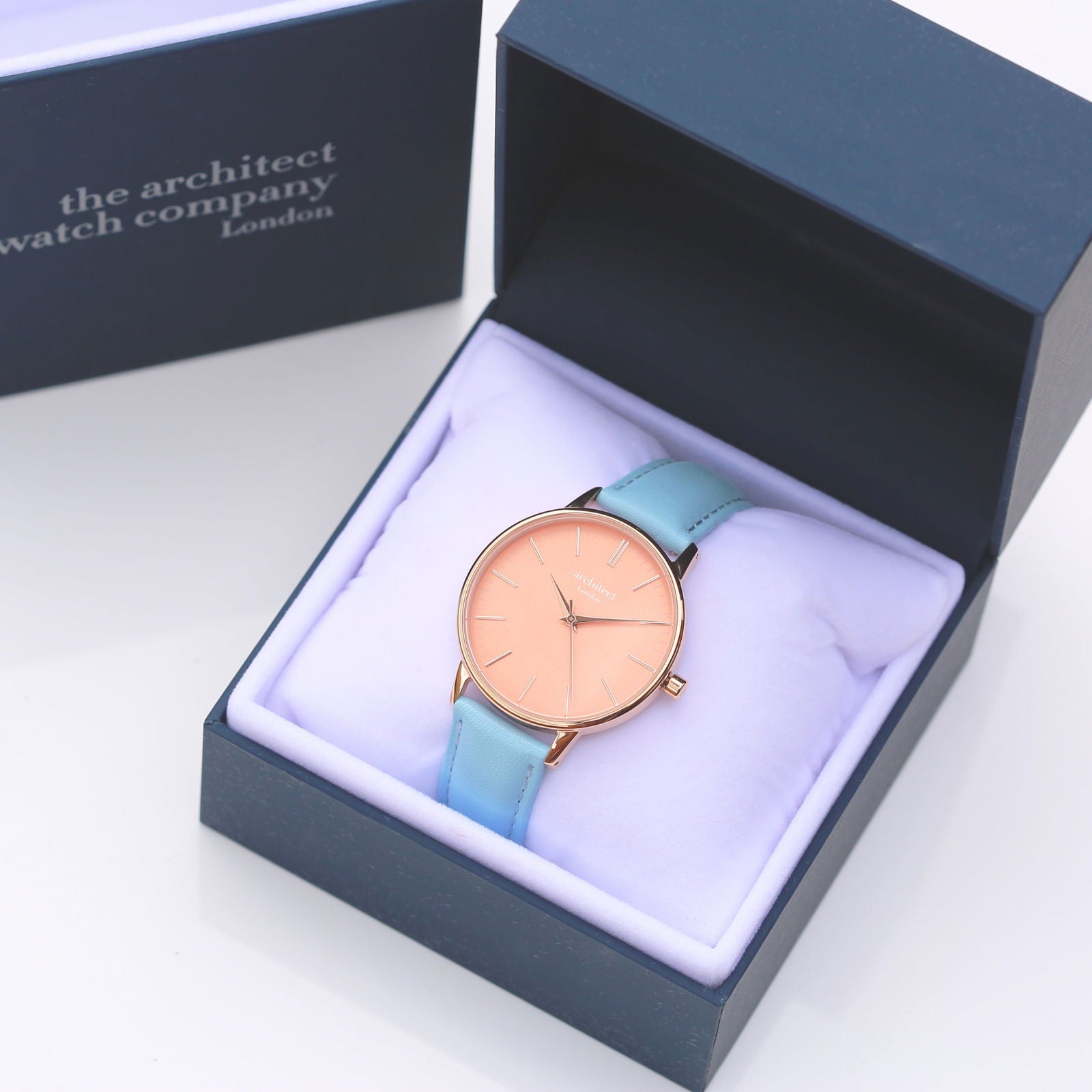 Ladies Coral Face Watch - Light Blue Leather Strap - Handwriting Engraved  Ladies' Watches Deeply Engraved