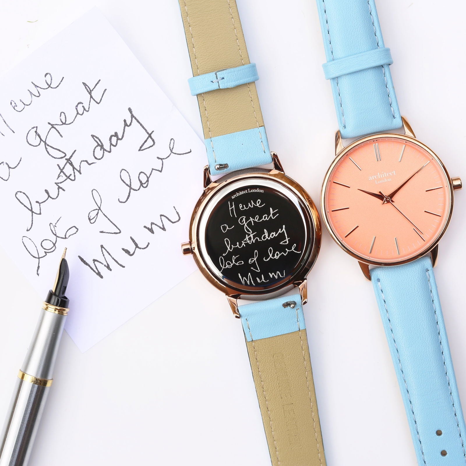 Ladies Coral Face Watch - Light Blue Leather Strap - Handwriting Engraved  Ladies' Watches Deeply Engraved