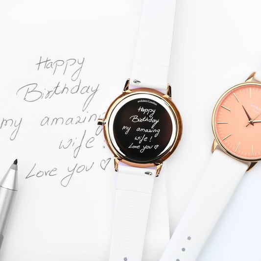 Ladies Coral Handwriting Engraved Watch – White Leather Strap  Ladies' Watches Deeply Engraved
