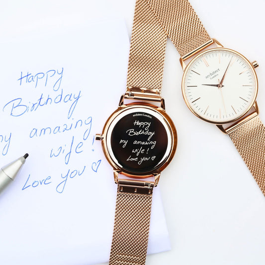 Ladies Handwriting Engraved Watch – Rose Gold Mesh Strap  Ladies' Watches Deeply Engraved