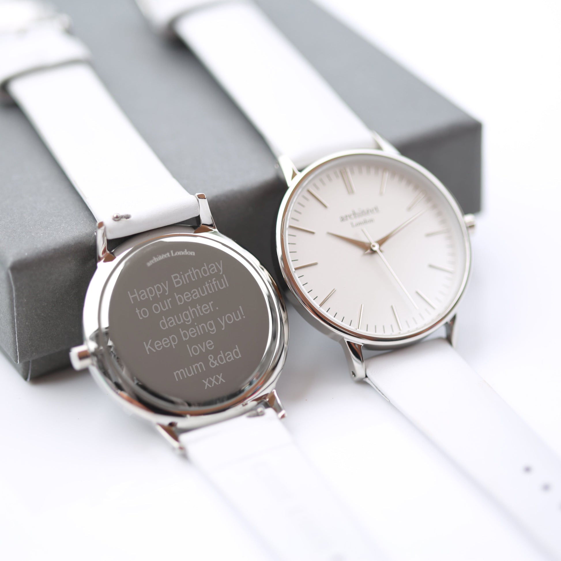Ladies Minimalist Engraved Watch -  Silver Bezel + White Strap  Ladies' Watches Deeply Engraved