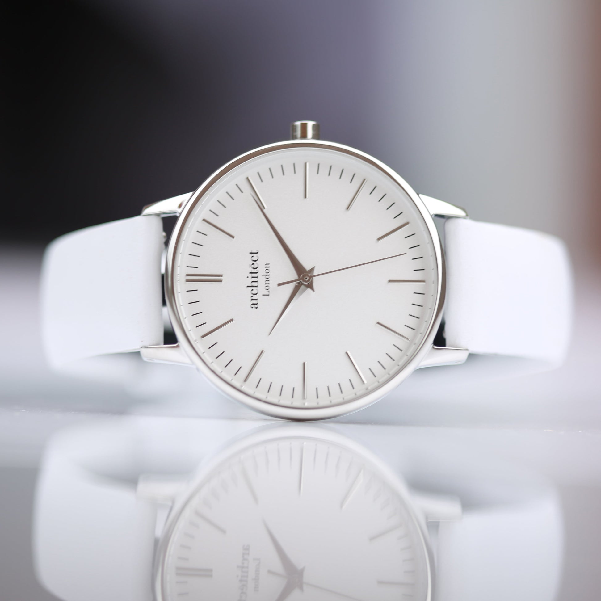Ladies Minimalist Engraved Watch -  Silver Bezel + White Strap  Ladies' Watches Deeply Engraved