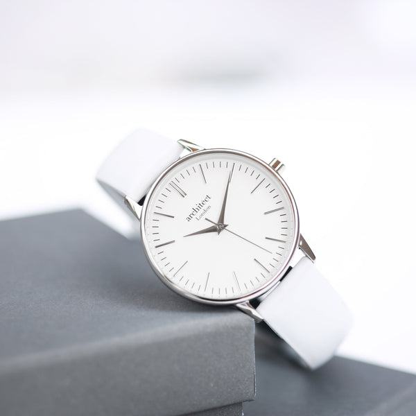 Ladies Minimalist Engraved Watch -  Silver Bezel + White Strap  Ladies' Watches Deeply Engraved