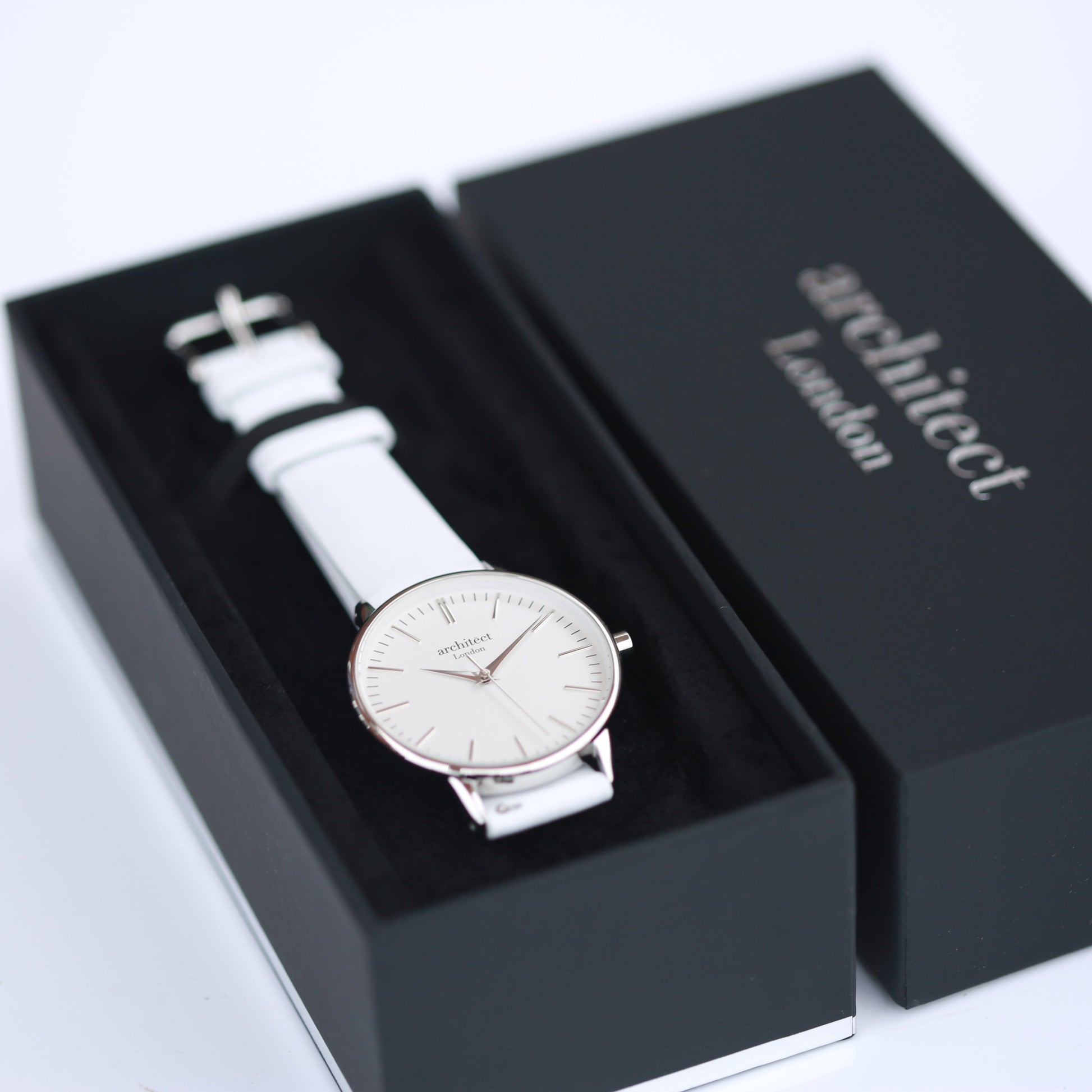 Ladies Minimalist Engraved Watch -  Silver Bezel + White Strap  Ladies' Watches Deeply Engraved