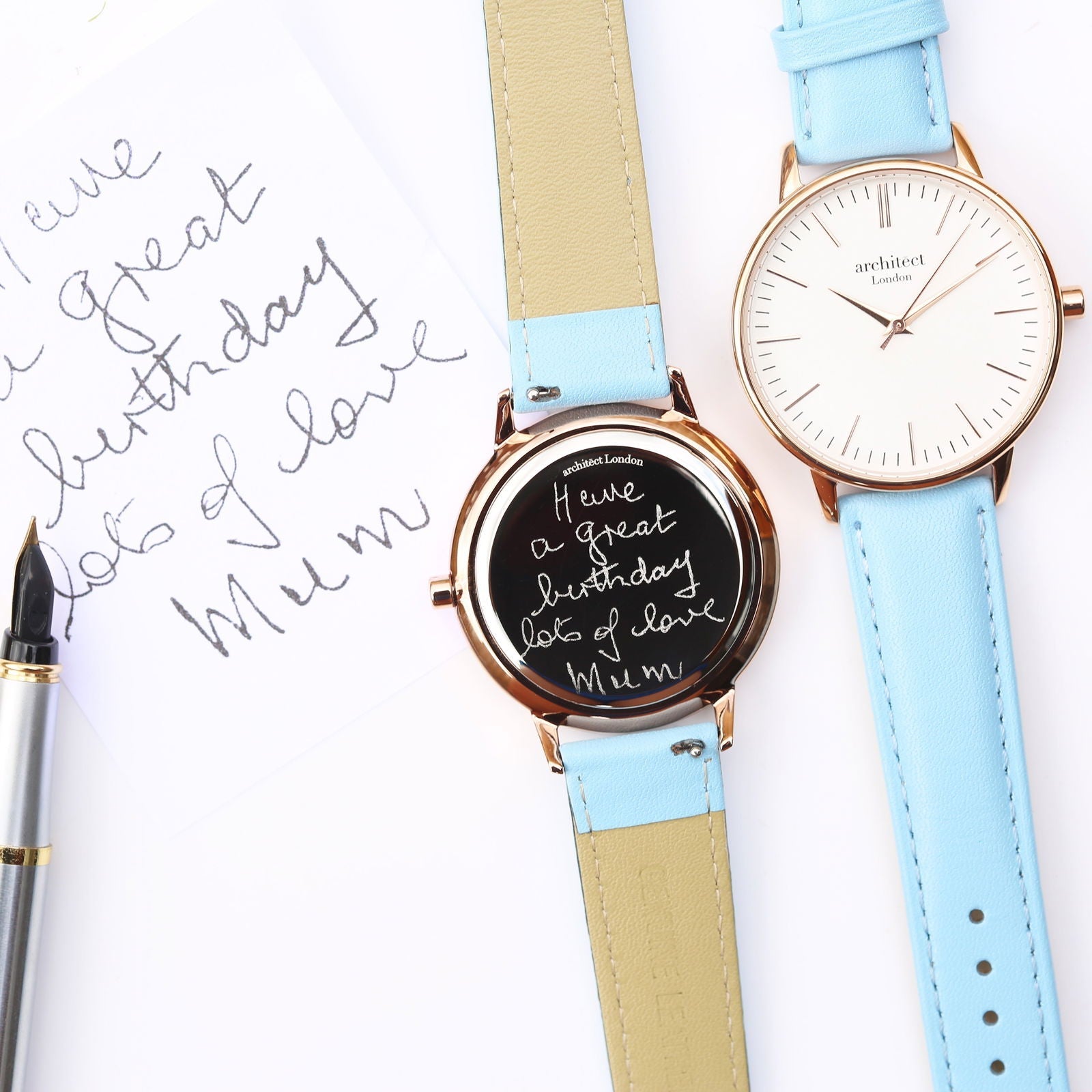 Ladies Minimalist Handwriting Engraved Watch – Light Blue Strap  Ladies' Watches Deeply Engraved