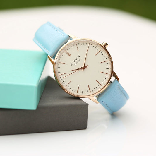Ladies Minimalist Handwriting Engraved Watch – Light Blue Strap  Ladies' Watches Deeply Engraved