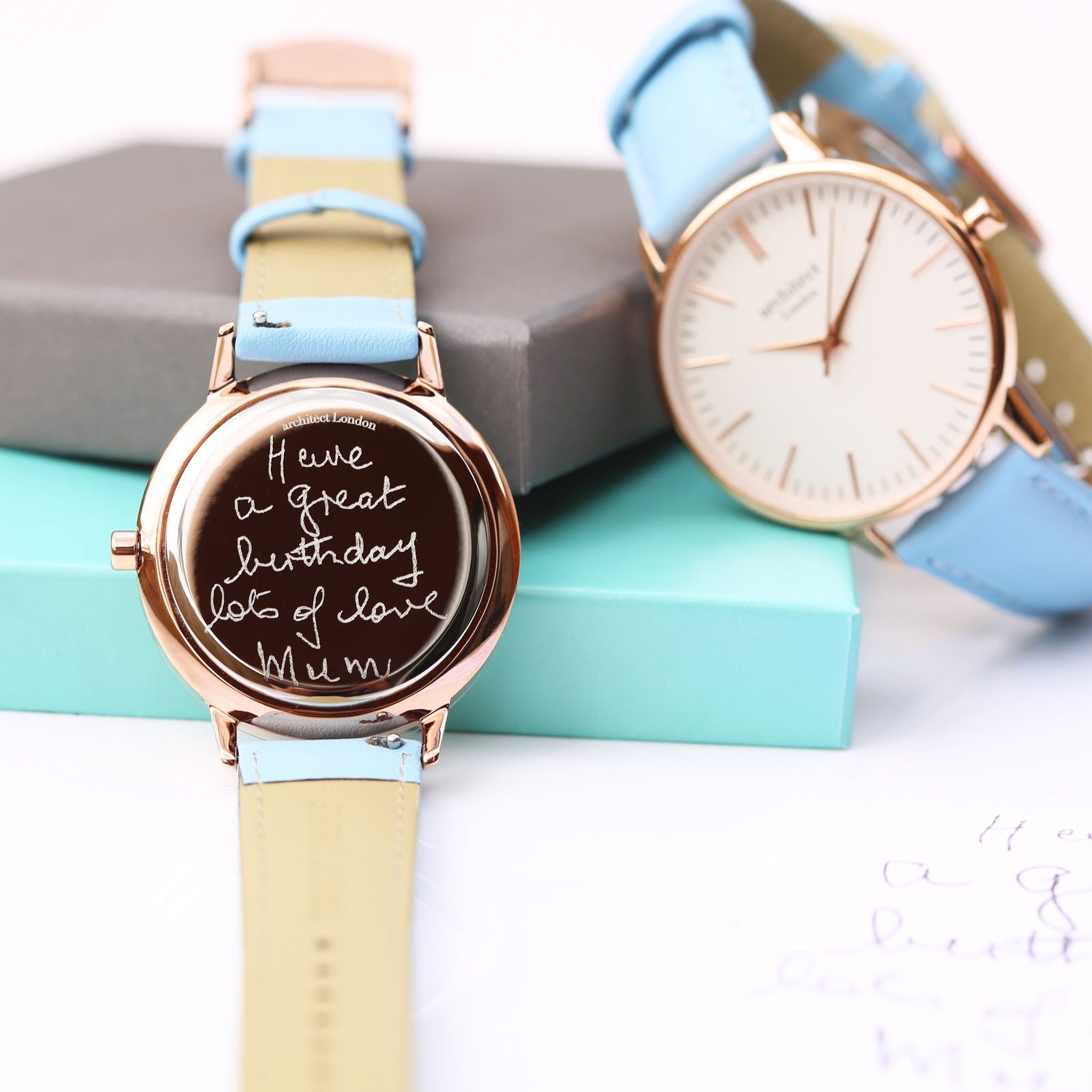 Ladies Minimalist Handwriting Engraved Watch – Light Blue Strap  Ladies' Watches Deeply Engraved