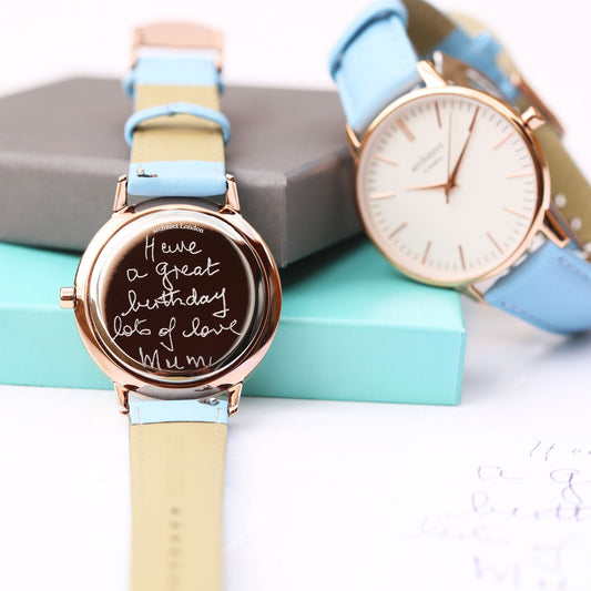 Ladies Minimalist Handwriting Engraved Watch – Light Blue Strap  Ladies' Watches Deeply Engraved